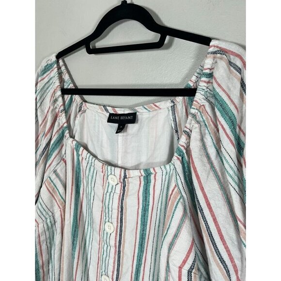 Lane Bryant Coastal Linen Top 18 Red Stripe Boho Retro Euro Summer Preppy Relax - Picture 6 of 14